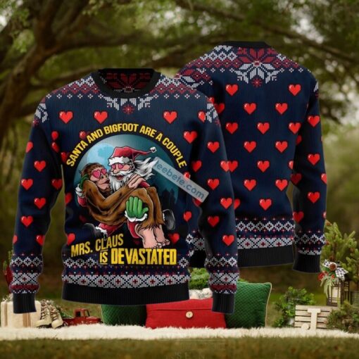 Santa And Bigfoot Couple Blue Big And Tall Christmas Sweaters