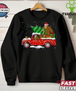 Santa Bigfoot Riding Red Truck & Xmas Tree Merry Christmas T Shirt Recovered