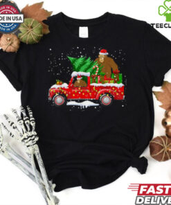 Santa Bigfoot Riding Red Truck & Xmas Tree Merry Christmas T Shirt Recovered 3 Santa Bigfoot Riding Red Truck & Xmas Tree Merry Christmas T Shirt Recovered