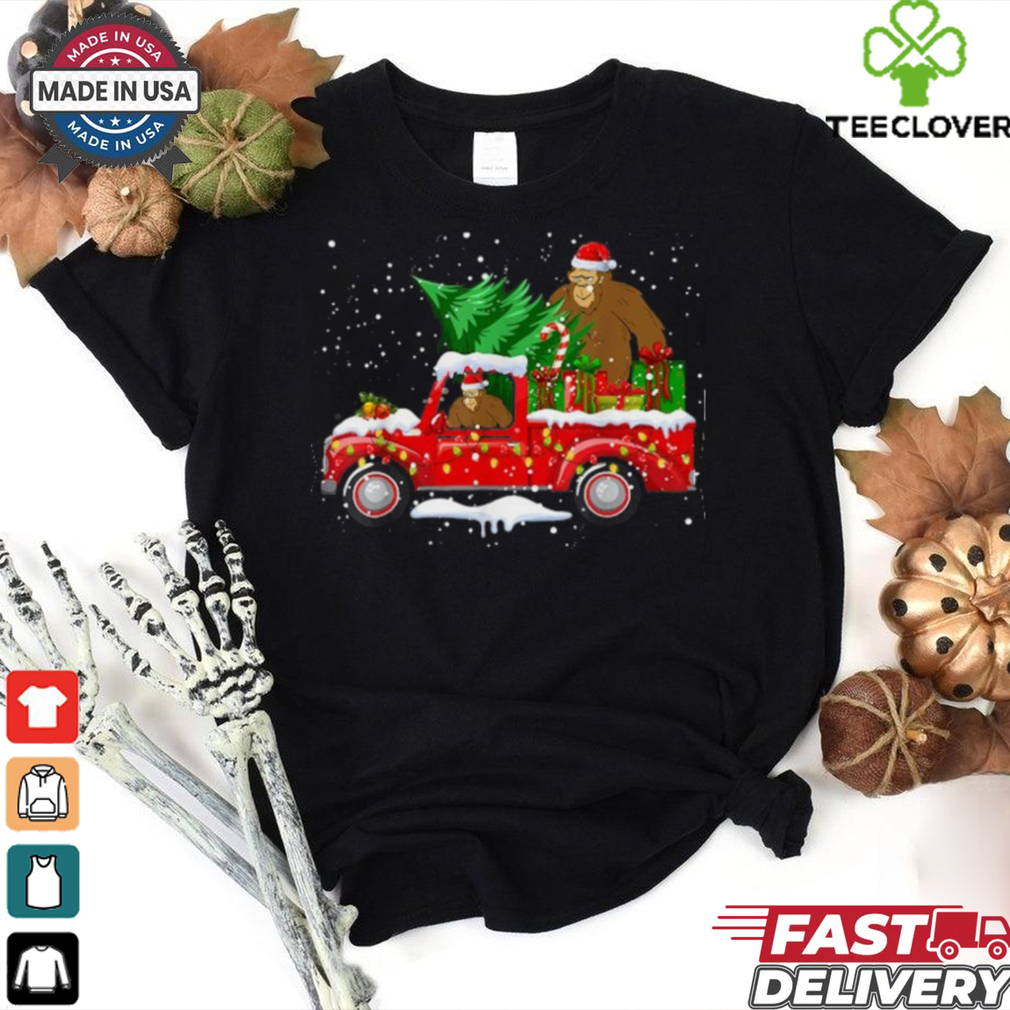 Santa Bigfoot Riding Red Truck & Xmas Tree Merry Christmas T Shirt Recovered Santa Bigfoot Riding Red Truck & Xmas Tree Merry Christmas T Shirt Recovered