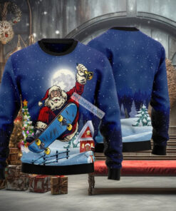 Santa Claus Playing Skateboard Blue Ugly Christmas Sweatshirt