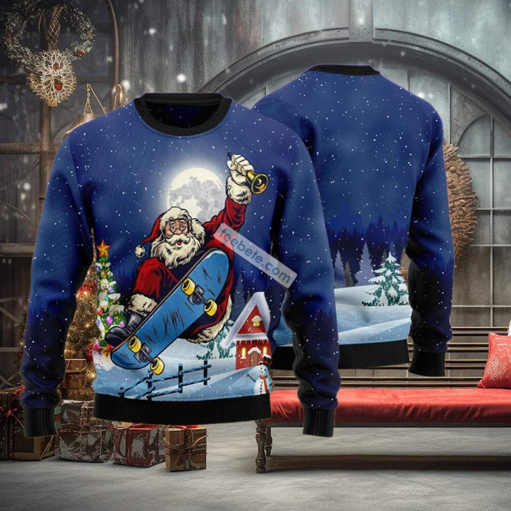 Santa Claus Playing Skateboard Blue Ugly Christmas Sweatshirt Santa Claus Playing Skateboard Blue Ugly Christmas Sweatshirt