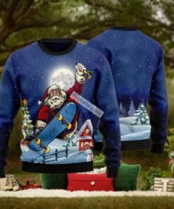 Santa Claus Playing Skateboard Blue Ugly Christmas Sweatshirt