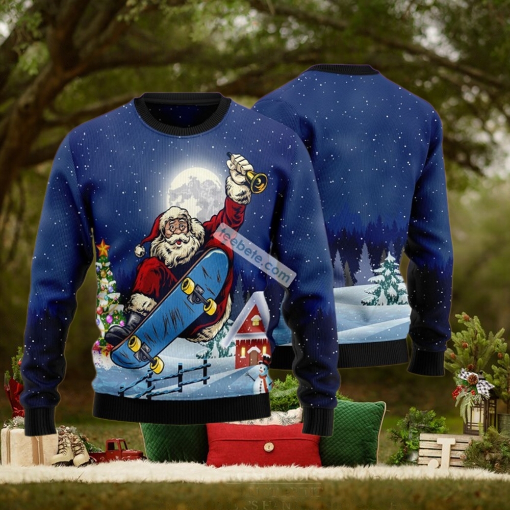 Santa Claus Playing Skateboard Blue Ugly Christmas Sweatshirt Santa Claus Playing Skateboard Blue Ugly Christmas Sweatshirt