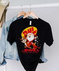 Santa Claus Riding Reindeer Dhl Excellence Simply Delivered Christmas Shirt