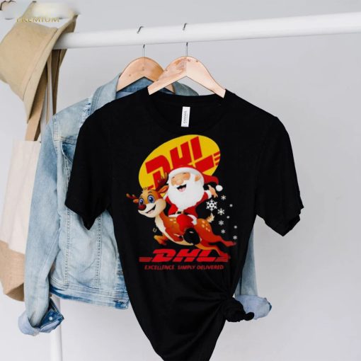 Santa Claus Riding Reindeer Dhl Excellence Simply Delivered Christmas Shirt