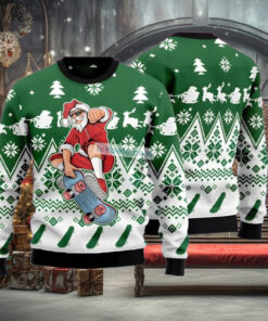 Santa Claus Skateboarding Green Womens Ugly Xmas Sweater