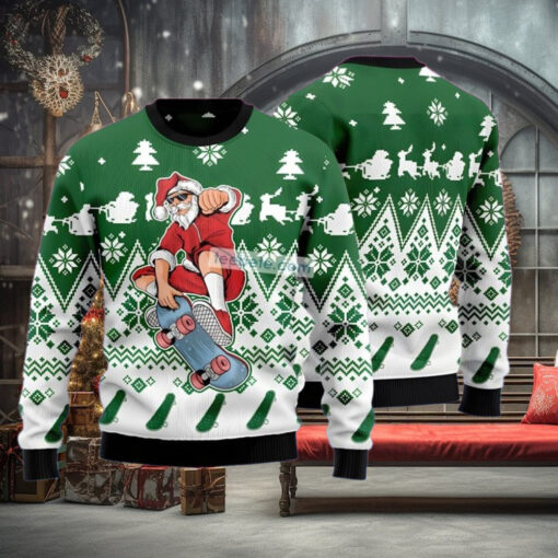 Santa Claus Skateboarding Green Womens Ugly Xmas Sweater