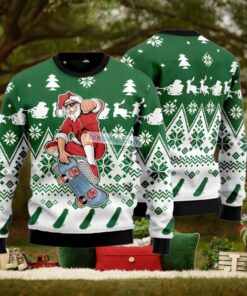Santa Claus Skateboarding Green Womens Ugly Xmas Sweater