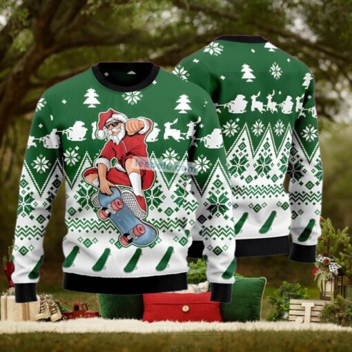 Santa Claus Skateboarding Green Womens Ugly Xmas Sweater