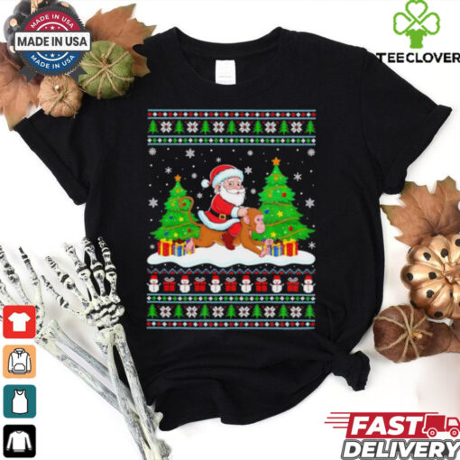 Santa Claus riding Monkey tree lights ugly Merry Christmas Tee Shirt