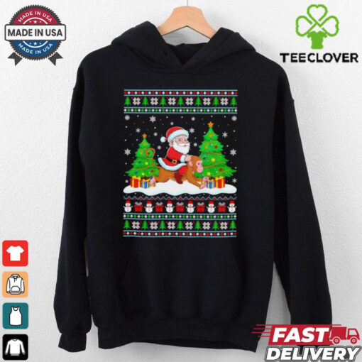 Santa Claus riding Monkey tree lights ugly Merry Christmas Tee Shirt
