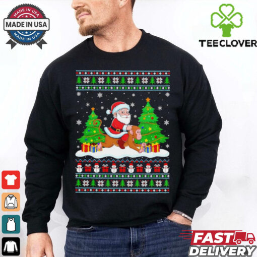 Santa Claus riding Monkey tree lights ugly Merry Christmas Tee Shirt