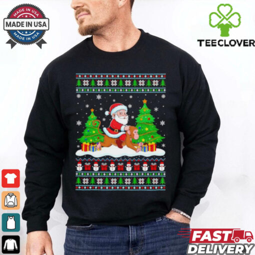 Santa Claus riding Monkey tree lights ugly Merry Christmas shirt