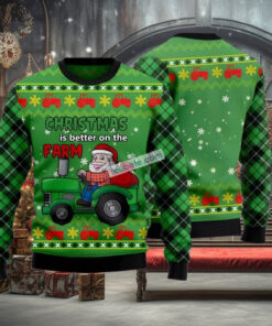 Santa Farmer With Tractor Green Ugliest Ugly Christmas Sweater