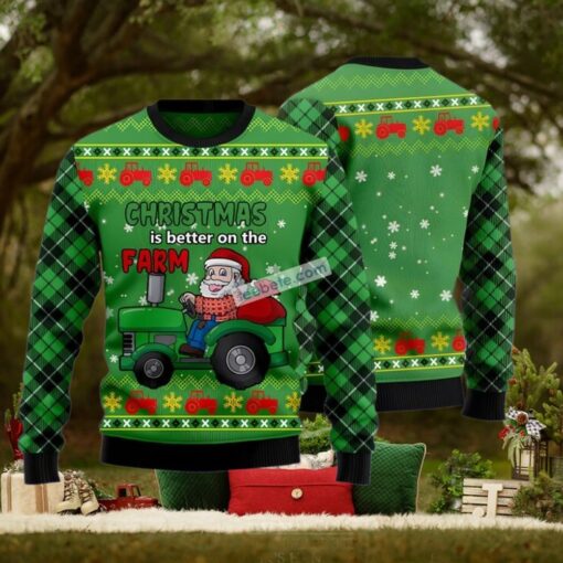 Santa Farmer With Tractor Green Ugliest Ugly Christmas Sweater