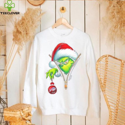 Santa Grinch insdie zipper holding Buffalo Bills hoodie, sweater, longsleeve, shirt v-neck, t-shirt