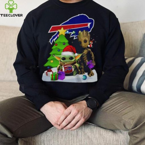 Santa Groot and Baby Yoda hug Buffalo Bills Snow Christmas Tree shirt