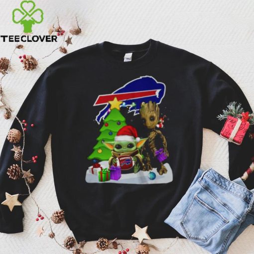 Santa Groot and Baby Yoda hug Buffalo Bills Snow Christmas Tree shirt