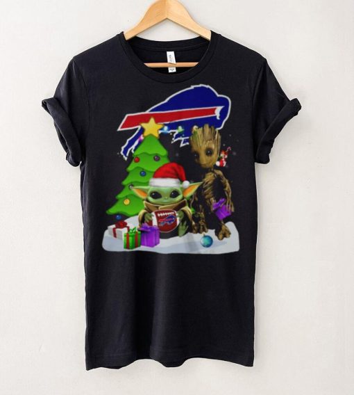 Santa Groot and Baby Yoda hug Buffalo Bills Snow Christmas Tree shirt
