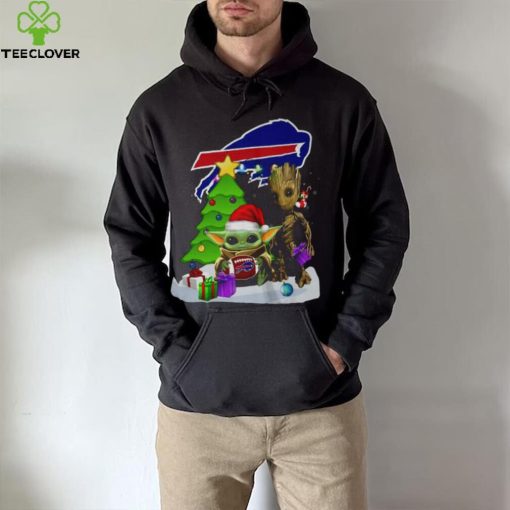 Santa Groot and Baby Yoda hug Buffalo Bills Snow Christmas Tree shirt