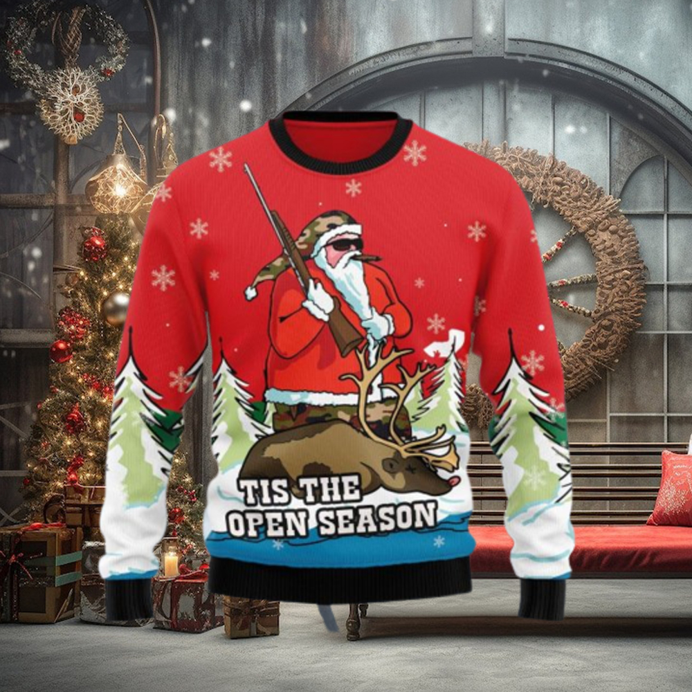 Santa Hunting Tis The Open Season Ugly Christmas Sweater Teeclover