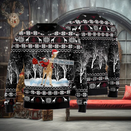 Santa Riding Giraffe Black Ugliest Sweaters For Christmas