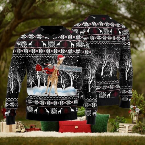 Santa Riding Giraffe Black Ugliest Sweaters For Christmas