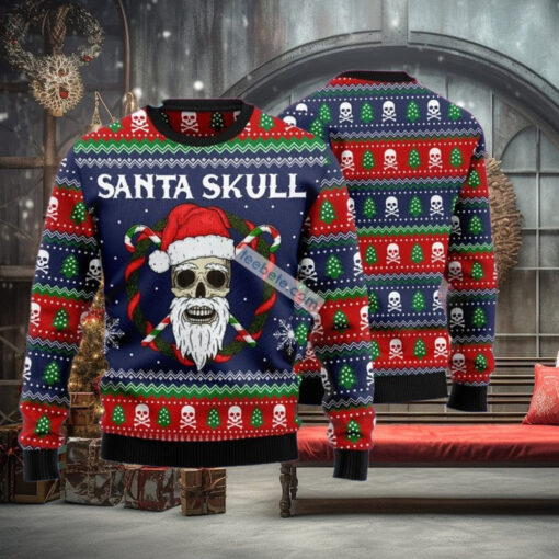 Santa Skull Christmas Wreath Blue Ugly Sweaters For Couples