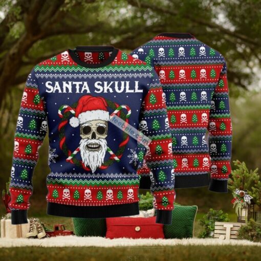 Santa Skull Christmas Wreath Blue Ugly Sweaters For Couples