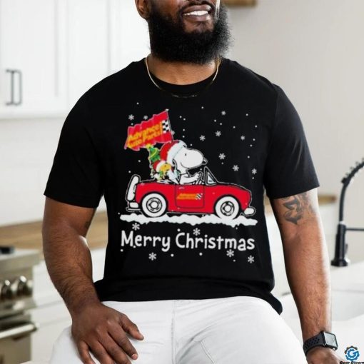 Santa Snoopy And Woodstock Driving Car Advance Auto Parts Merry Christmas Shirt