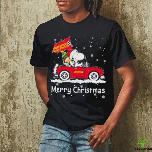 Santa Snoopy And Woodstock Driving Car Advance Auto Parts Merry Christmas Shirt
