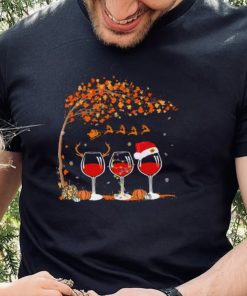 Santa Wine Glass Pumpkin Autumn Tree Christmas Shirt