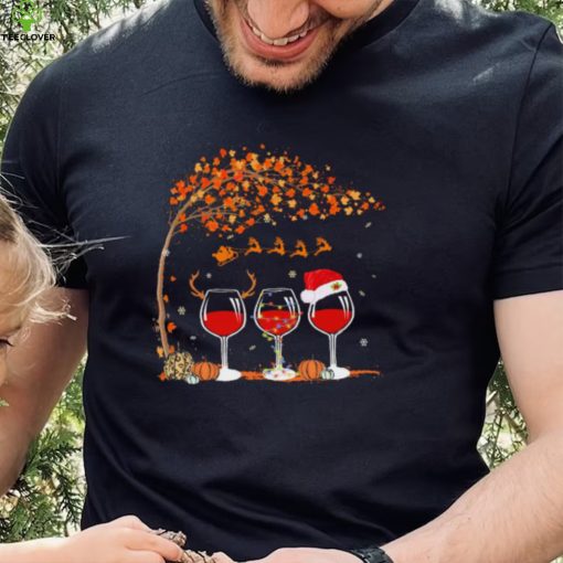 Santa Wine Glass Pumpkin Autumn Tree Christmas Shirt