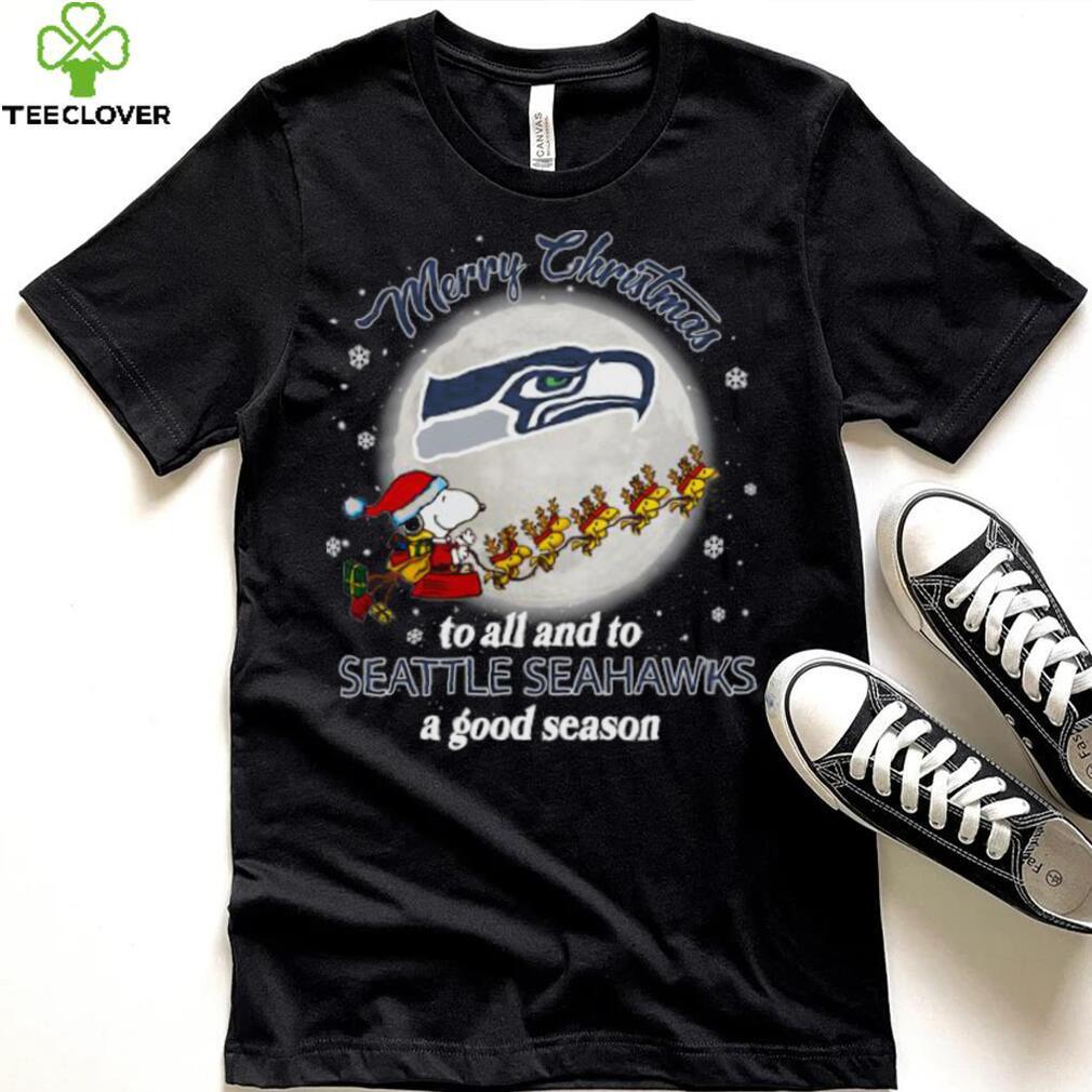 Santa snoopy and woodstock merry Christmas to all and to Seattle Seahawks a good season shirt Santa snoopy and woodstock merry Christmas to all and to Seattle Seahawks a good season shirt