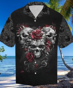 Scary Trio Skull Red Roses Aloha Hawaiian Shirt Colorful Short Sleeve Summer Beach Casual Shirt