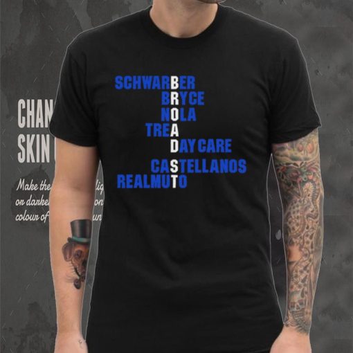 Schwarber Bryce Nola Trea Day Care Castellanos Realmuto Broad St names 2024 shirt
