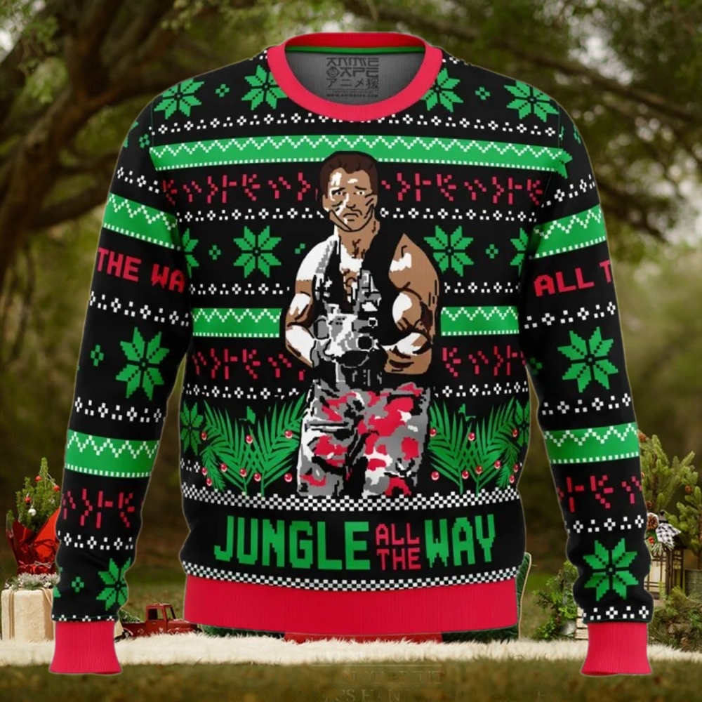 Schwarzenegger Predator Jungle All the way Christmas Ugly Sweater Schwarzenegger Predator Jungle All the way Christmas Ugly Sweater