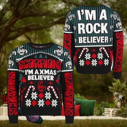 Scorpions I’m A Xmas Believer I’m A Rock Believer Candy Cane Pattern Ugly Christmas Sweater