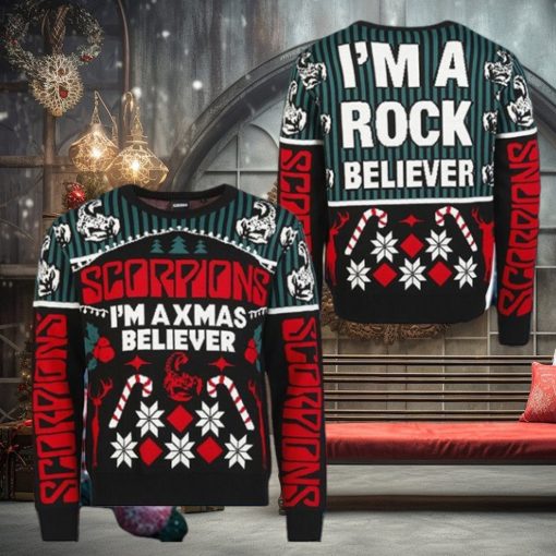 Scorpions I’m A Xmas Believer I’m A Rock Believer Candy Cane Pattern Ugly Christmas Sweater