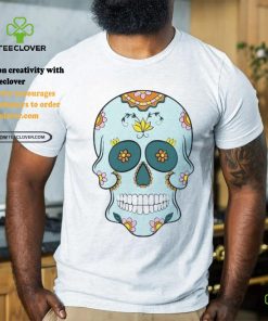 Sea Blue Sugar Skull With Flowers T Shirt