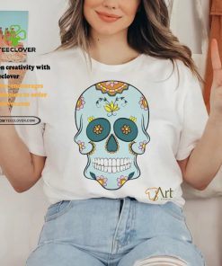 Sea Blue Sugar Skull With Flowers T Shirt 1 Sea Blue Sugar Skull With Flowers T Shirt