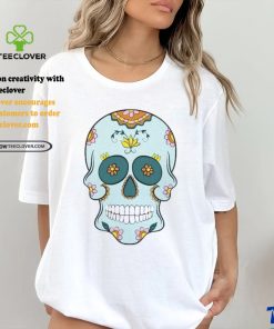 Sea Blue Sugar Skull With Flowers T Shirt 2 Sea Blue Sugar Skull With Flowers T Shirt