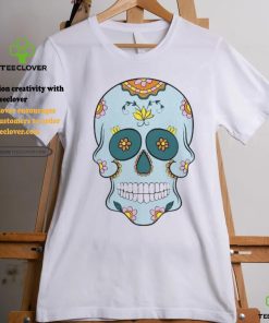 Sea Blue Sugar Skull With Flowers T Shirt 3 Sea Blue Sugar Skull With Flowers T Shirt