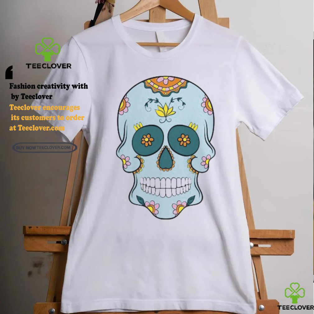 Sea Blue Sugar Skull With Flowers T Shirt Sea Blue Sugar Skull With Flowers T Shirt
