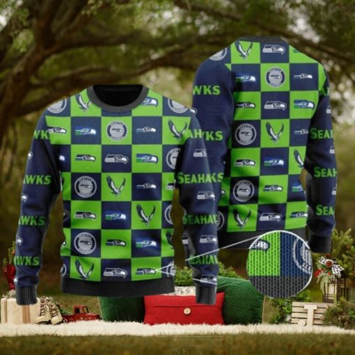 Seahawks Logo Checkered Flannel Design Knitted Ugly Christmas Sweater