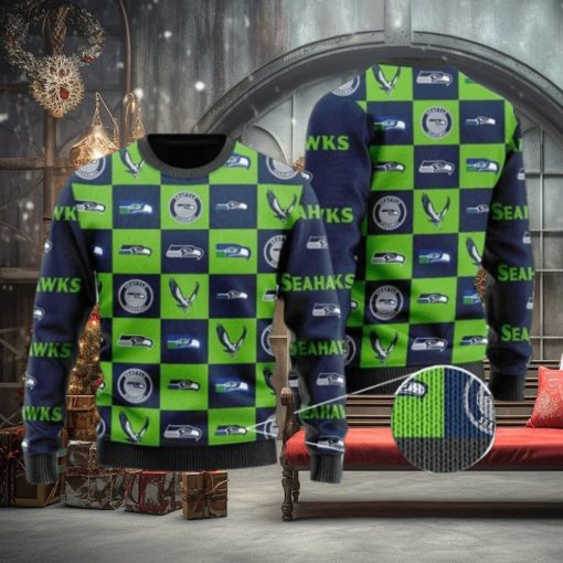 Seahawks Logo Checkered Flannel Design Knitted Ugly Christmas Sweater