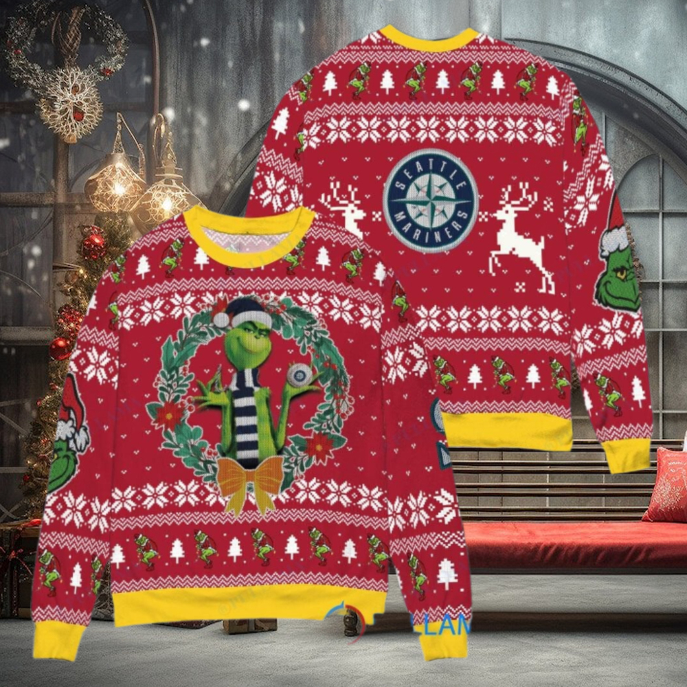 Seattle Mariners x Grinch Dr. Seuss How the Grinch Stole Christmas MLB with World Series Trophy Ugly Christmas Sweater Red Seattle Mariners x Grinch Dr. Seuss How the Grinch Stole Christmas MLB with World Series Trophy Ugly Christmas Sweater Red