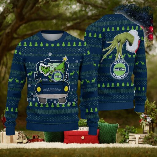 Seattle Seahawks And Grinch Driving With Pine Trees Ugly Xmas Sweater