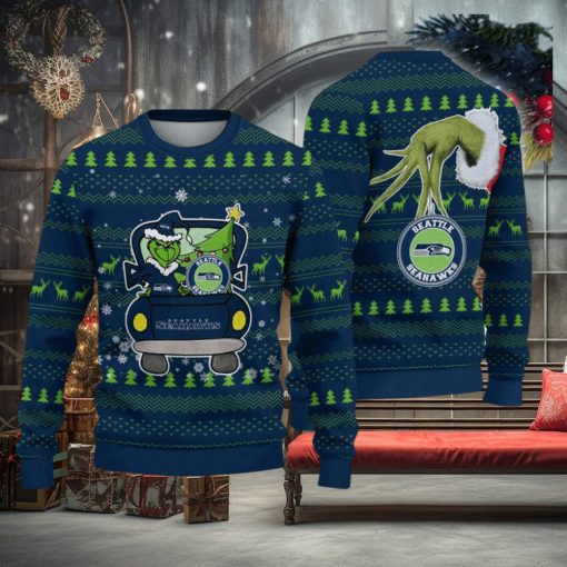Seattle Seahawks And Grinch Driving With Pine Trees Ugly Xmas Sweater